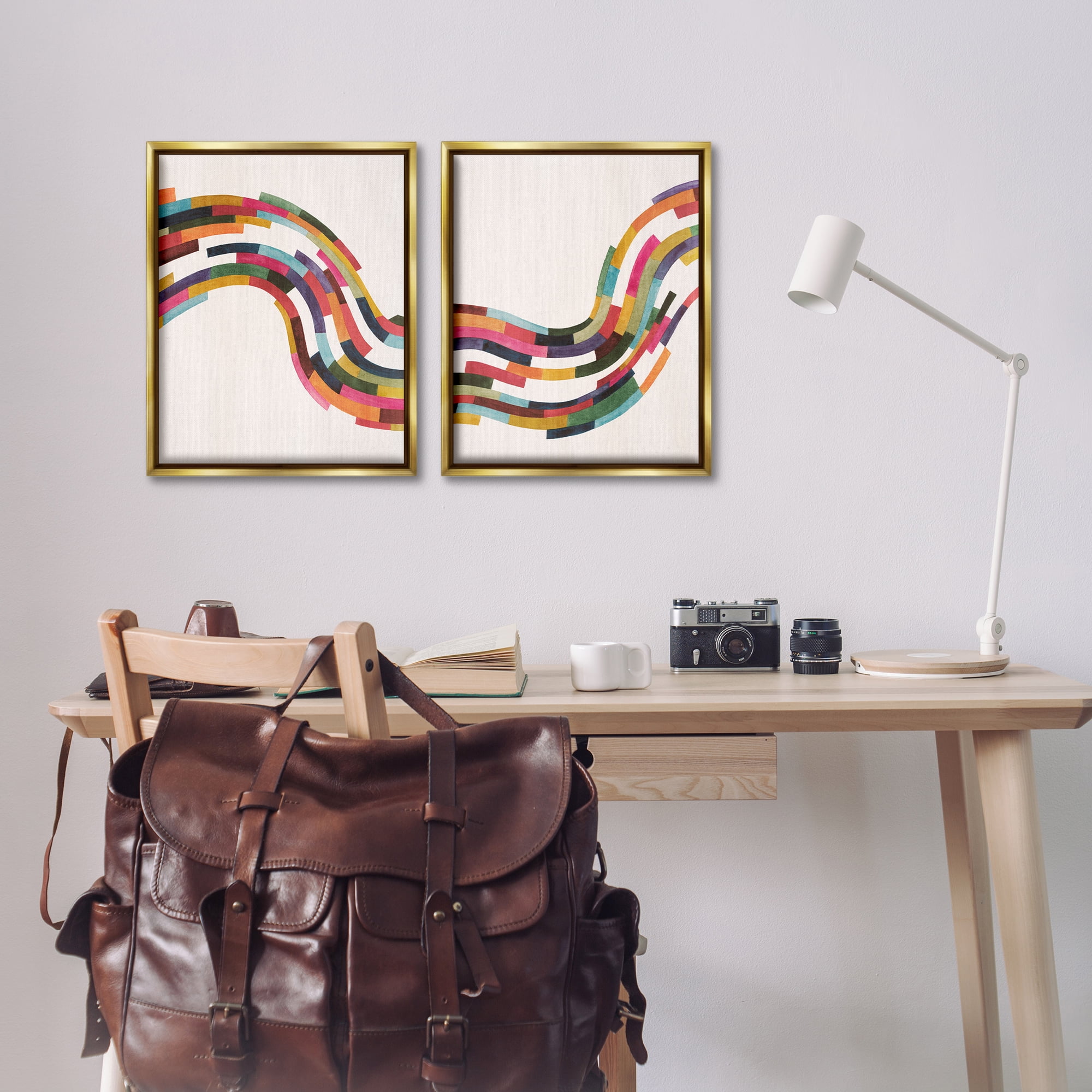 Stupell Industries Abstract Colorful Wave Abstract Painting Gold Floater Framed Canvas Art Print Wall Art, 17 x 21, Set of 2