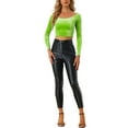 thumbnail image 2 of INSPIRE CHIC Women's Velvet Long Sleeve Off Shoulder Solid Crop Tops L Light Green, 2 of 6