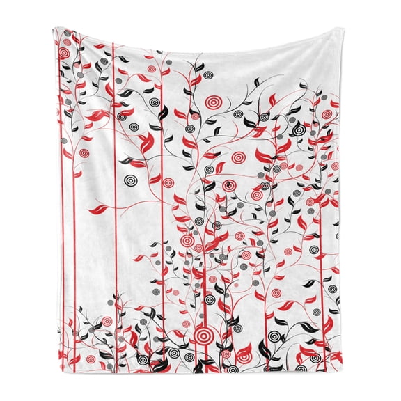 Floral Soft Flannel Fleece Throw Blanket, Romantic Abstract Flowers Ivy Swirls Image with Leaves in Nature Artwork, Cozy Plush for Indoor and Outdoor Use, 50" x 60", Red Black and White, by Ambesonne