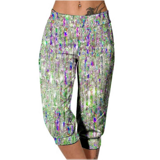 Mujeres Capri Pantalones Casual Suelto Largo Pantalones de Impresión con Corbata Elástica Cintura Y Bolsillos