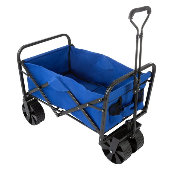 Wakeman Outdoors Collapsible Portable Wagon on Wide Wheels - Garden Cart, Grocery, or Beach, Blue