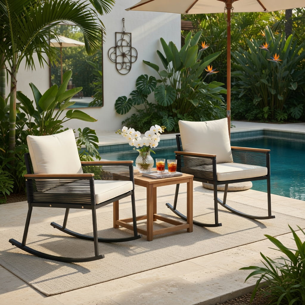 Hommoo 3-Piece PE Rattan Outdoor Rocking Bistro Set with Cushions, Tempered Glass 2-Tier Coffee Table & Acacia Wood Armrests for Patio, Porch, or Garden, Black