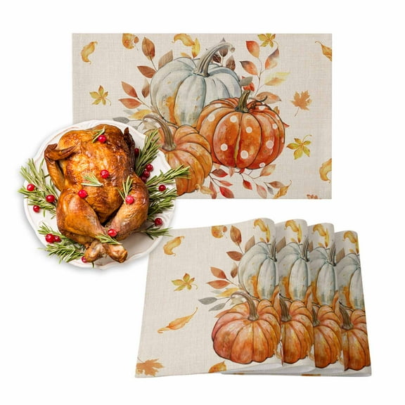 Fall Placemats Set of 4 Watercolor Orange Pumpkin Place Mats Thanksgiving Placemat Yellow Leaves Beige Table Mats for Dining Kitchen Table Holiday Dinner Party Home Fall Decorations 13x19 Inch