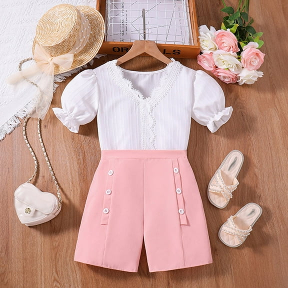 Toddler Girl Outfits Size 9-10 Toddler Toddler Summer Short Sleeve Lace Solid Color Tops Shorts 2Pcs Clothes Set Girls Clothing Set Pink
