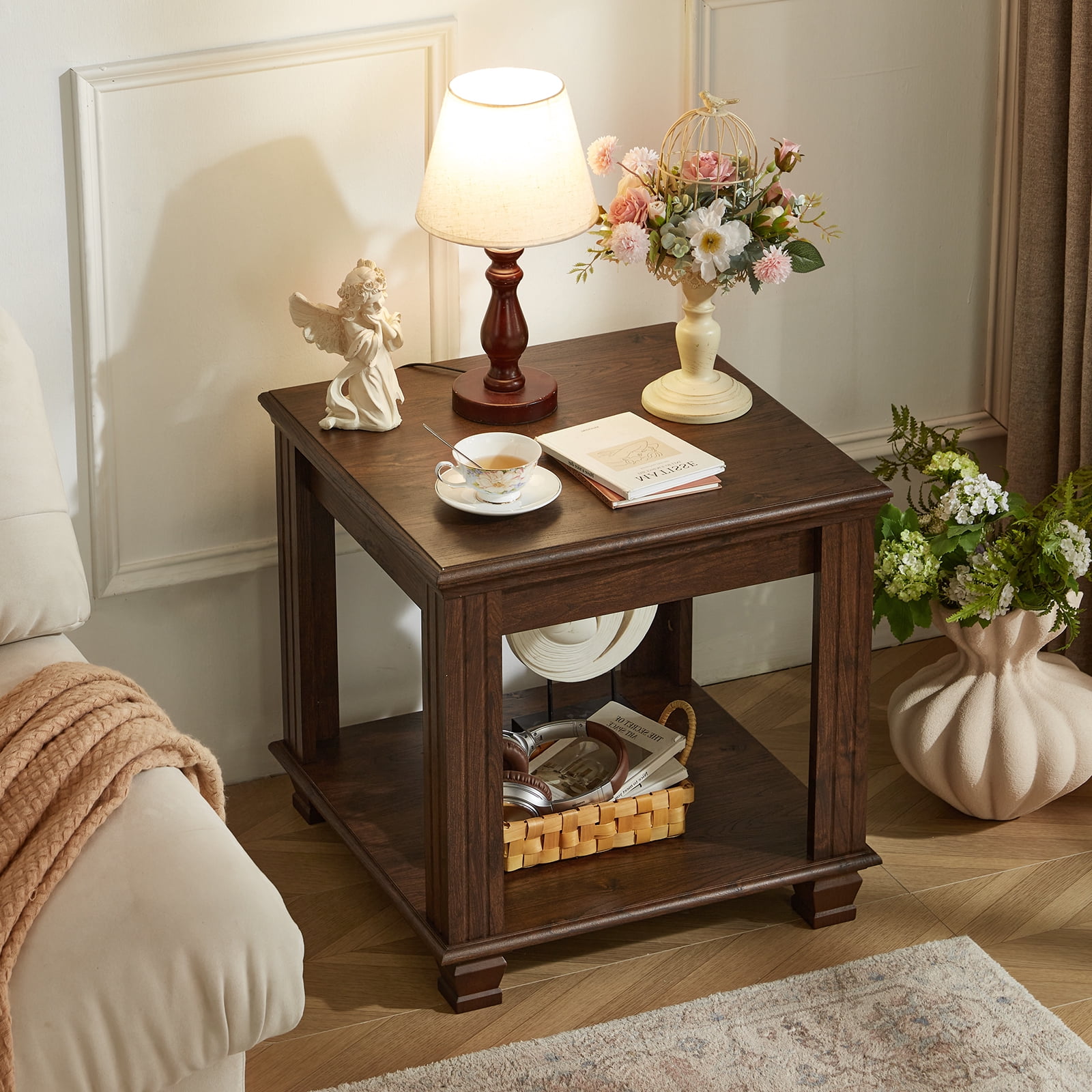 Buildhom Farmhouse End Table, Large 2-Tier Side Table with Storage Shelf, Rustic Brown Square Tea Table for Living Room, Walnut