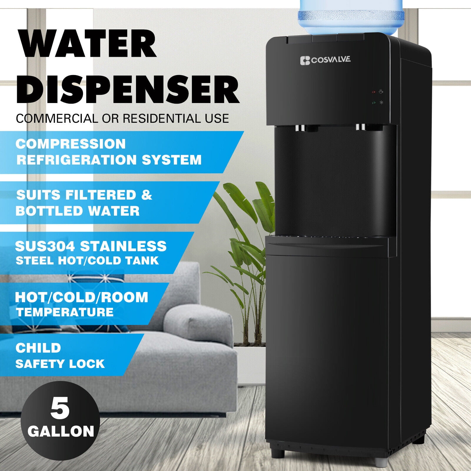 5 Gallon Hot Cold Water Dispenser Cooler Top Loading with Child Safety Lock (Black)