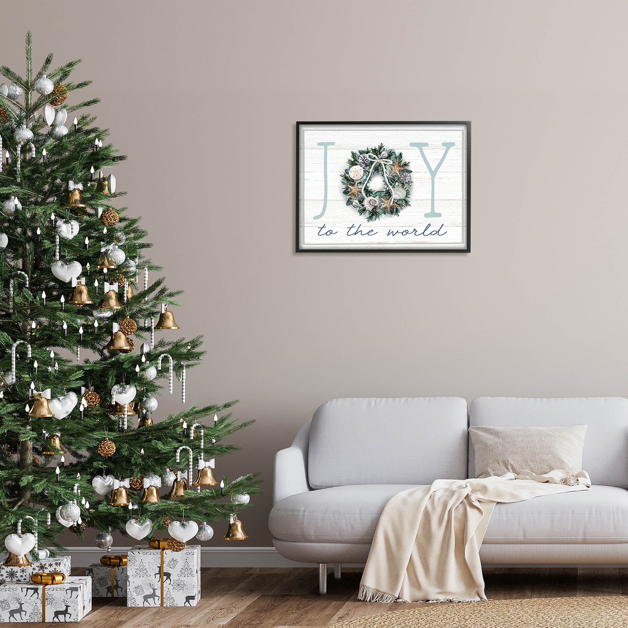 Stupell Industries Joy To The World Nautical Wreath Graphic Art Black Framed Art Print Wall Art, Design by Elizabeth Tyndall