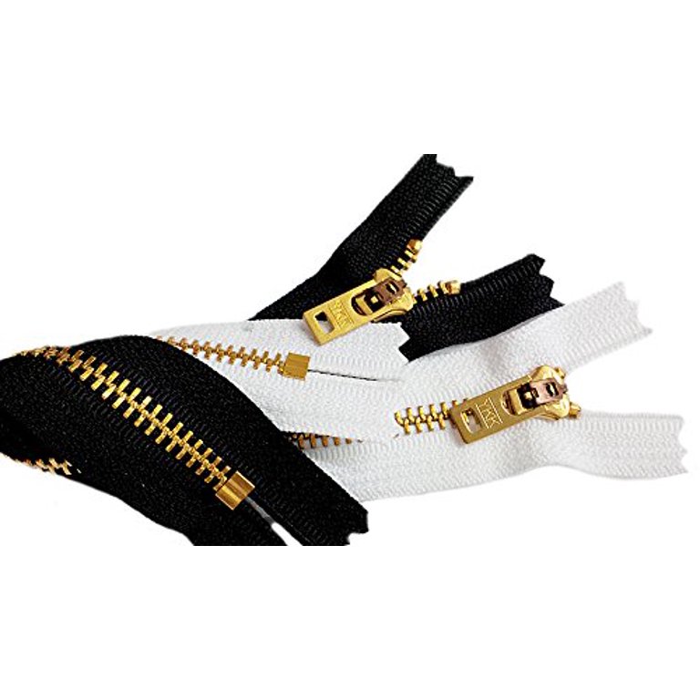 YKK Zipper Two 7 Inch Brass Jeans Zipper YKK Number 5 Gold Colored Metal  Teeth Zips with Locking Slider Closed Bottom Color Black and White 