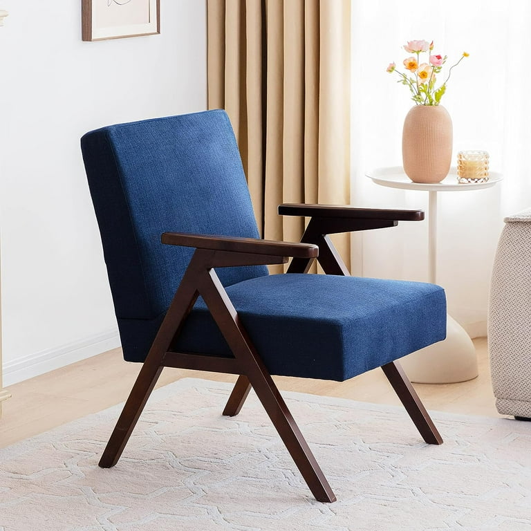 Yofe Comfy Mid-Century Modern Blue Velvet Upholstered Living Room Accent Chair, Wood Frame Arm Chair with Waist Cushion