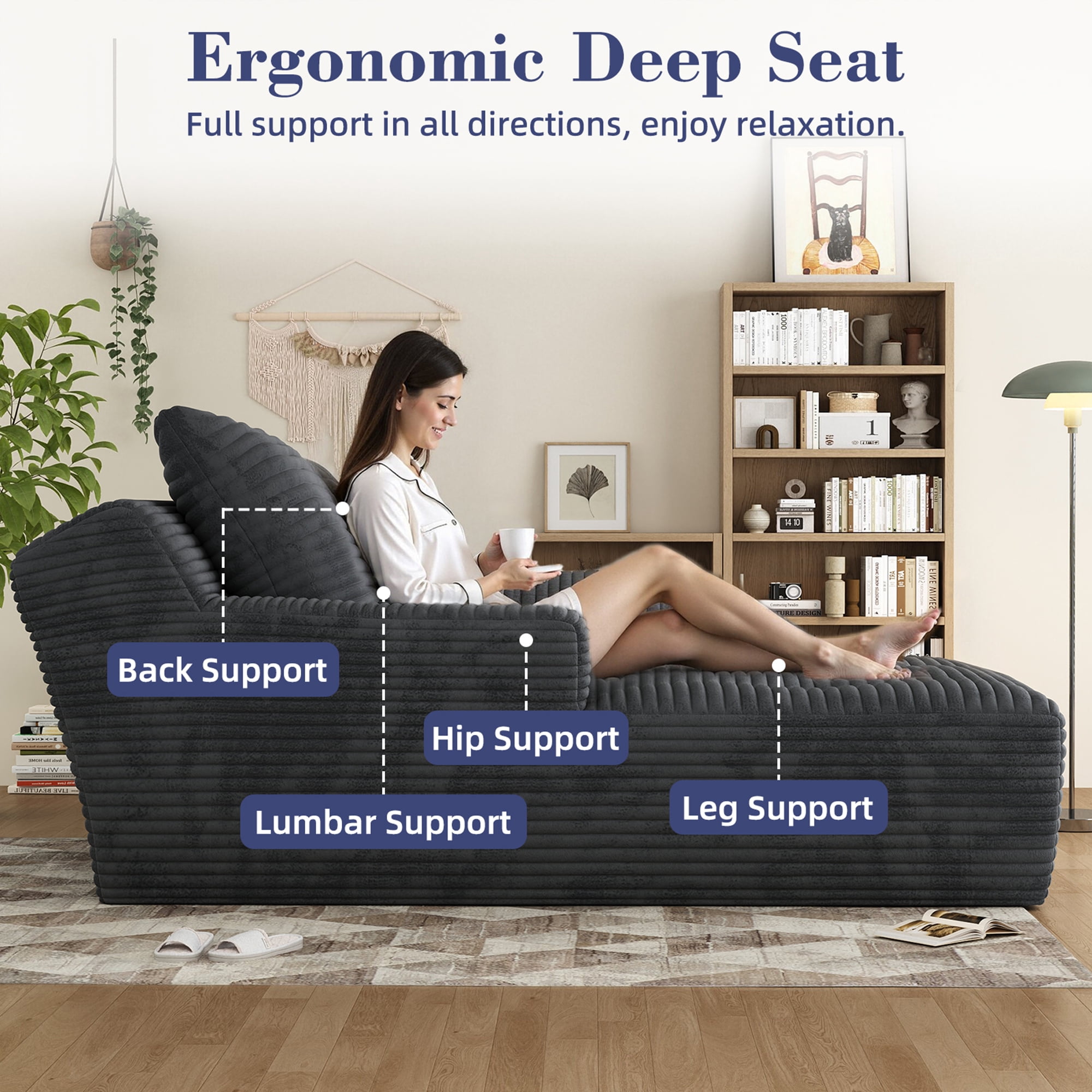 67'' Oversized Chaise Lounge Chair Indoor, Cloud Plush Corduroy Upholstered Sofa Bed, Modern Deep Seat Sofa with Back Cushion, Pillows, Cozy Sleeper Couch for Living Room, No Assembly Required, Grey