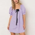 thumbnail image 2 of Htigea Short Plaid Dress for Women Cute Puff Sleeve Square Neck Bow Dresses Summer Casual Babydoll Mini Dress Purple M, 2 of 7
