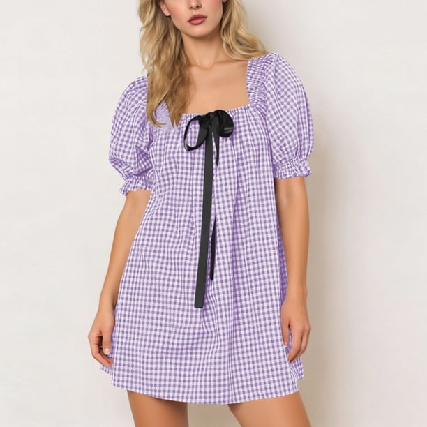 TaTaai Bandage Mini Skirt Dress, Women's Plaid Flower Short Sleeve Design, Fashion Comfort Style, Perfect for Spring Summer Daily Casual Use Gift
