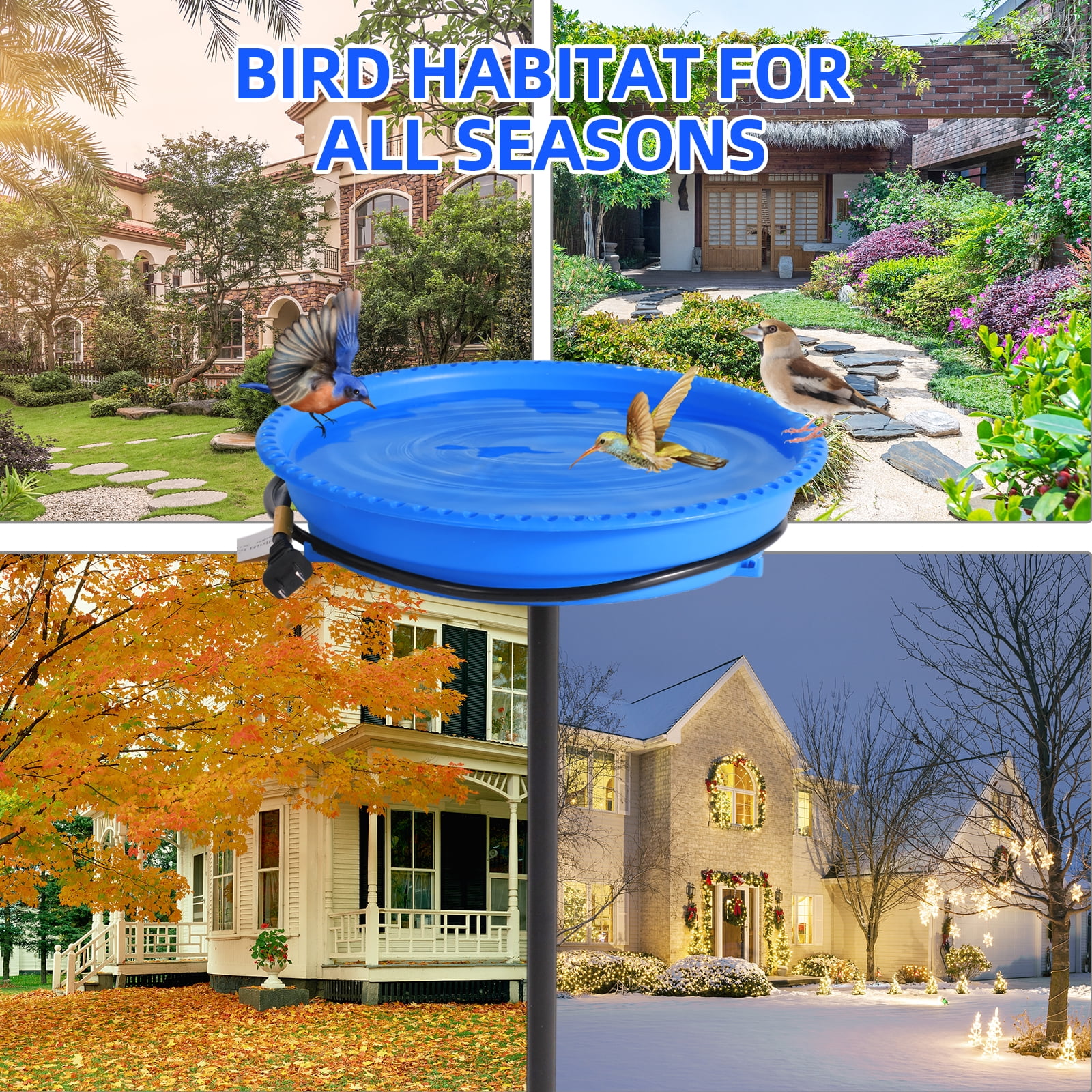 Heated Bird Bath for Outdoors for Winter, 75W Bird Bath Water Heater Bird Bath Deicer,Deep Bowl Thermostatic Control Weather Resistance Available with Stable Metal Pole for All Seasons(Blue)