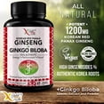 Korean Red Panax Ginseng 1200mg + Ginkgo Biloba - Extra Strength Root Extract Powder Supplement w/High Ginsenosides Vegan Capsules for Energy, Performance & Focus Pills for Men & Women