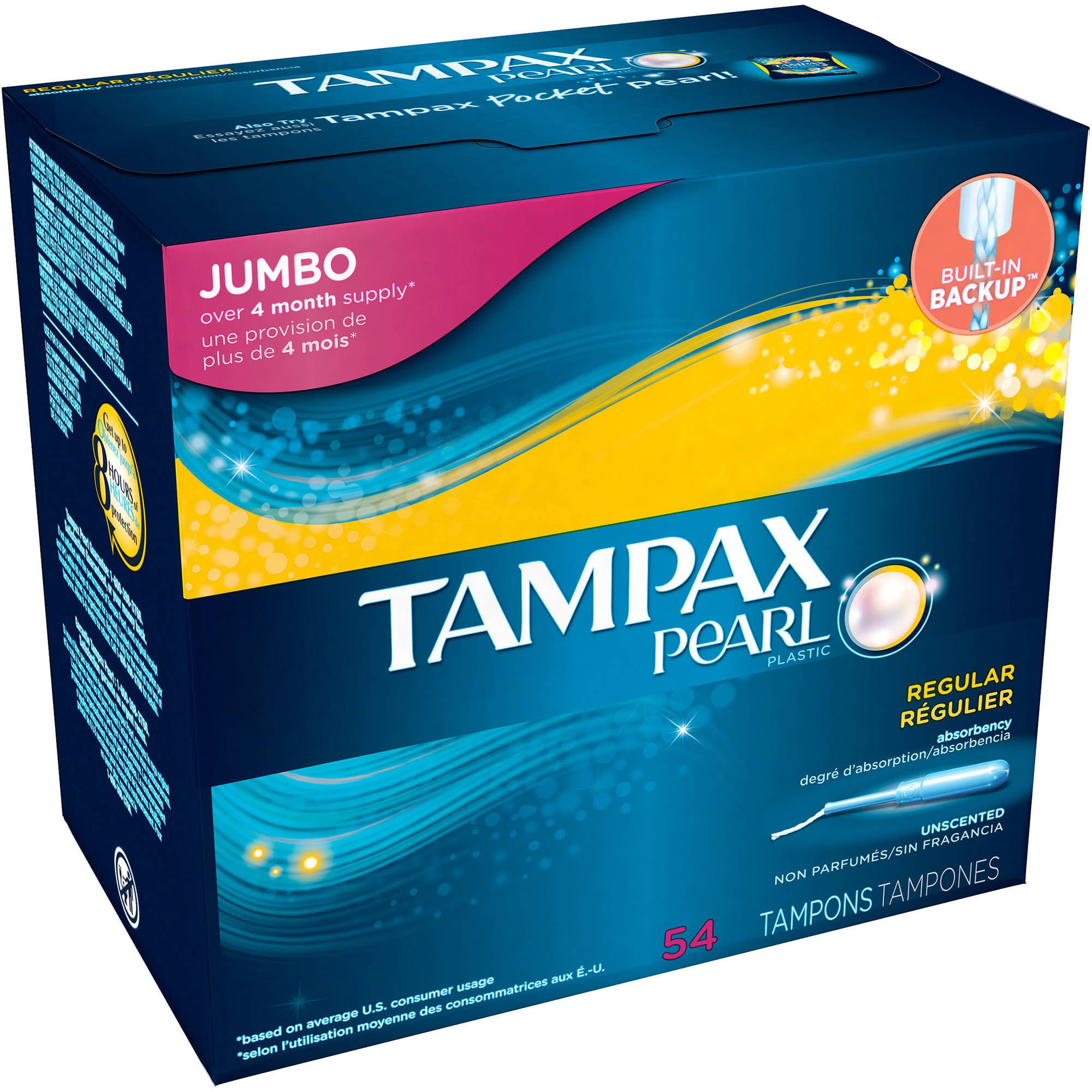 Tampax Pearl Tampons with Plastic Applicator, Regular, Unscented, 54 Ct