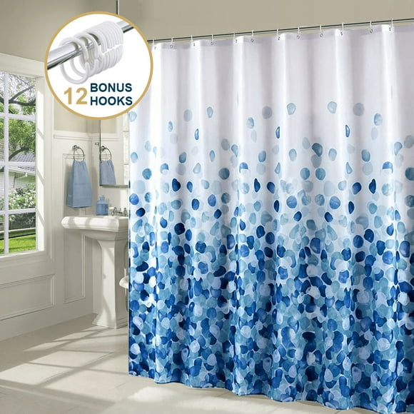 ComfiTime Shower Curtain - Heavy Duty Mildew-Resistant Fabric Bathroom Curtain, Waterproof, Machine-Washable, Weighted Hem, Rose Petal Floral Design, 72" W x 72” H,Blue