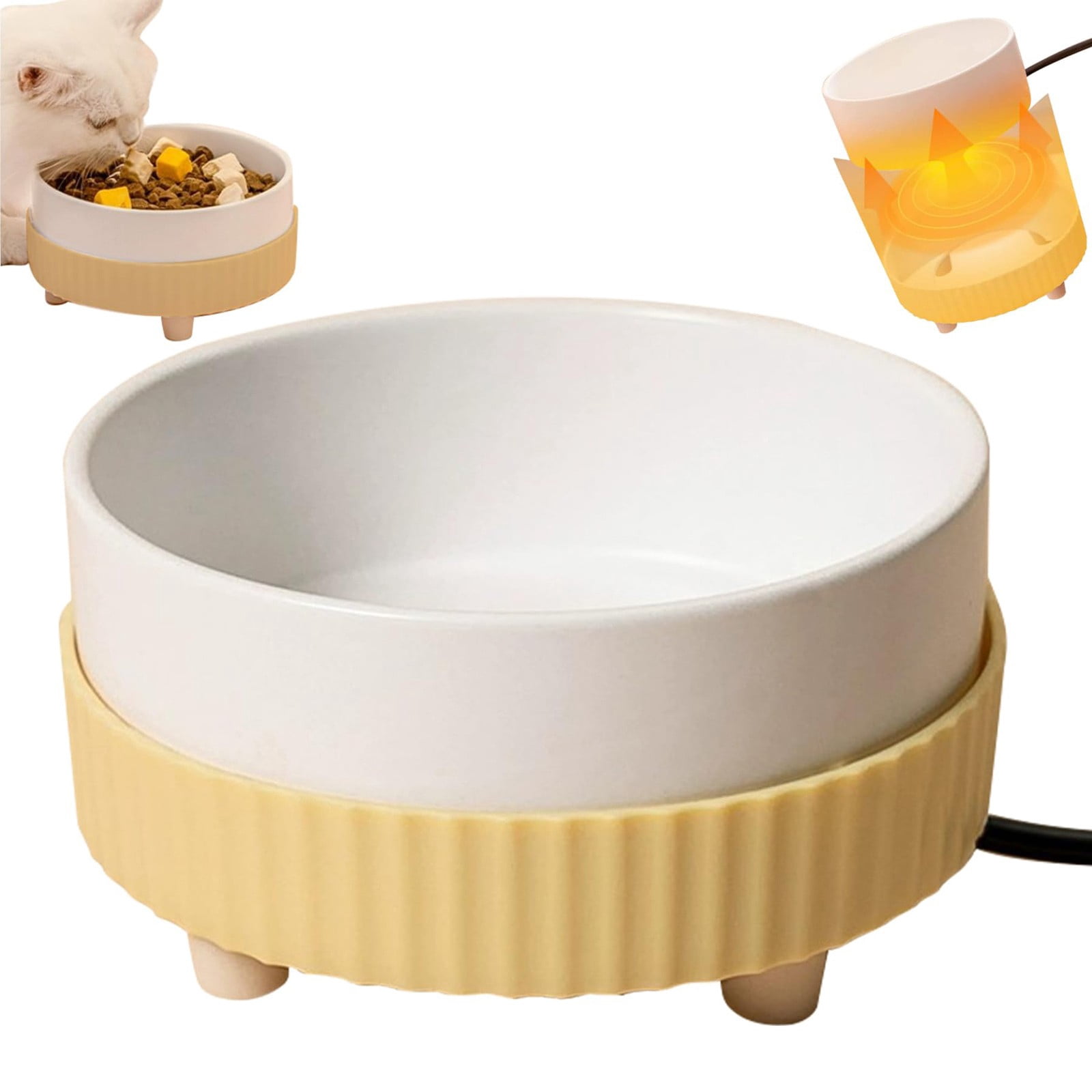 Kingtowag Heated Pet Water Bowl Ceramic 450ml USB 5V Yellow Base, Thermal Bowl for Dogs Cats Winter, 5.3inch 450ml USB Thermal Bowl Anti-Freezing, Heated Water Bowl