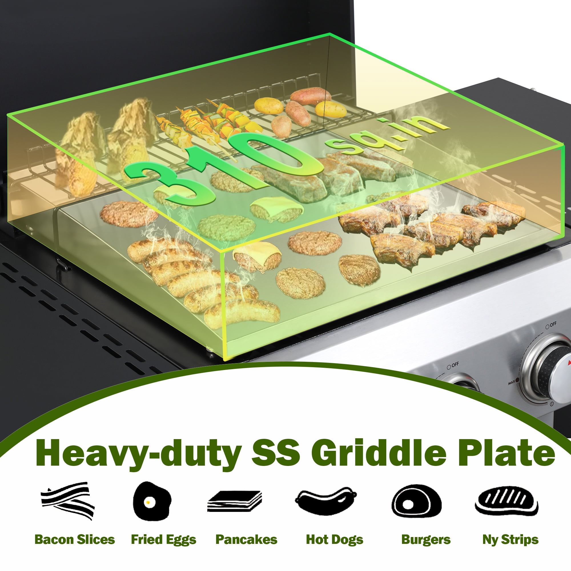 Seizeen 3-Burner Propane Gas Grill, Outdoor 2-IN-1 BBQ Grill & Griddle, Portable Combo Grills Stainless Steel, W/Two Foldable Shelves, Two Cooking Areas, Wheels