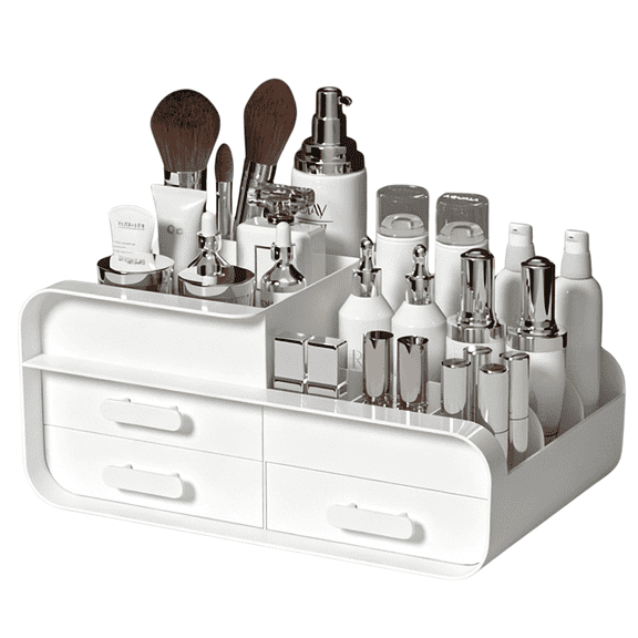 TXRUME Makeup Organizer with 3 Drawers, Large Capacity Cosmetic Storage Box, Countertop Vanity Organizers for Skincare Products with Dividers, White