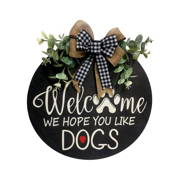 Cadorn Dog-Themed Welcome Door Hanger – Decorative Front Door Wreath with “Welcome – We Hope You Like Dogs” Design & Rustic Bow Accents