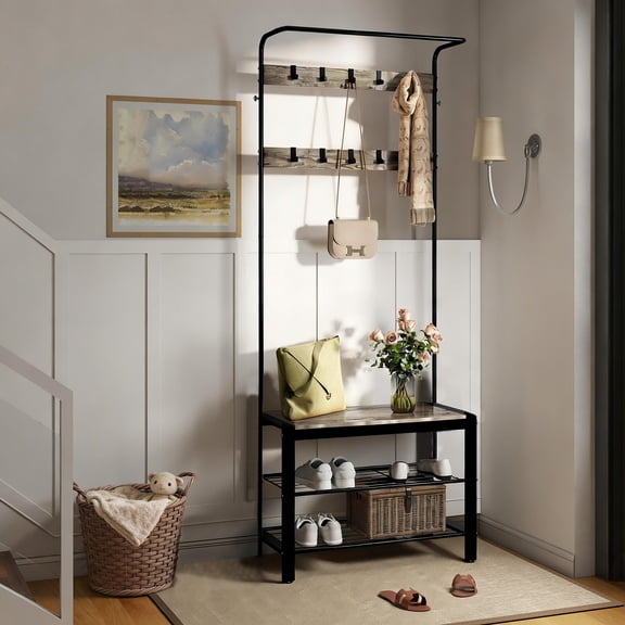 TrumanPick 4-in-1 Coat Rack, Hall Tree with Bench and Shoe Storage, Entryway Bench with Coat Rack, with 9 Removable Hooks & Hanging Rod, 13.3 x 28.3 x 72.1 Inches, Brown