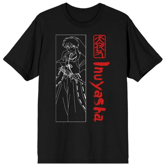 Inuyasha One Color Line Art Crew Neck Short Sleeve Men's Black T-shirt-Large