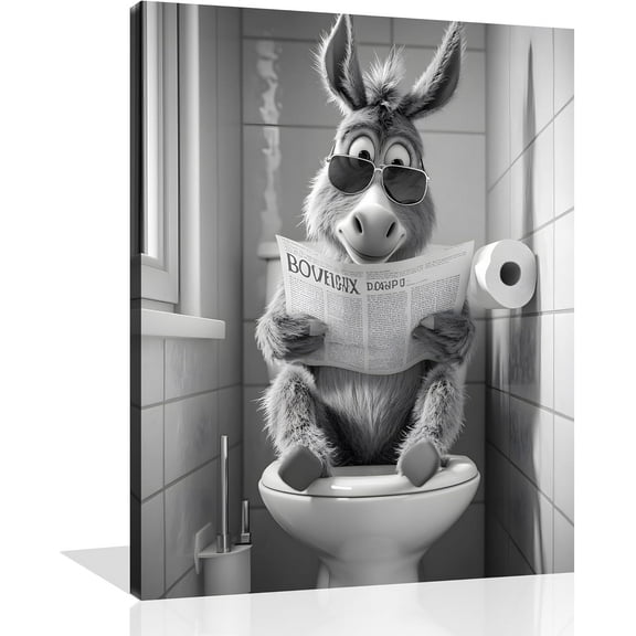 Aaheei Funny Animal Bathroom Canvas Wall Art Black and White Animal Bathroom Pictures Donkey on the Toilet Bathroom Poster Donkey Animals Bathroom Painting for Bathroom Wall Decor