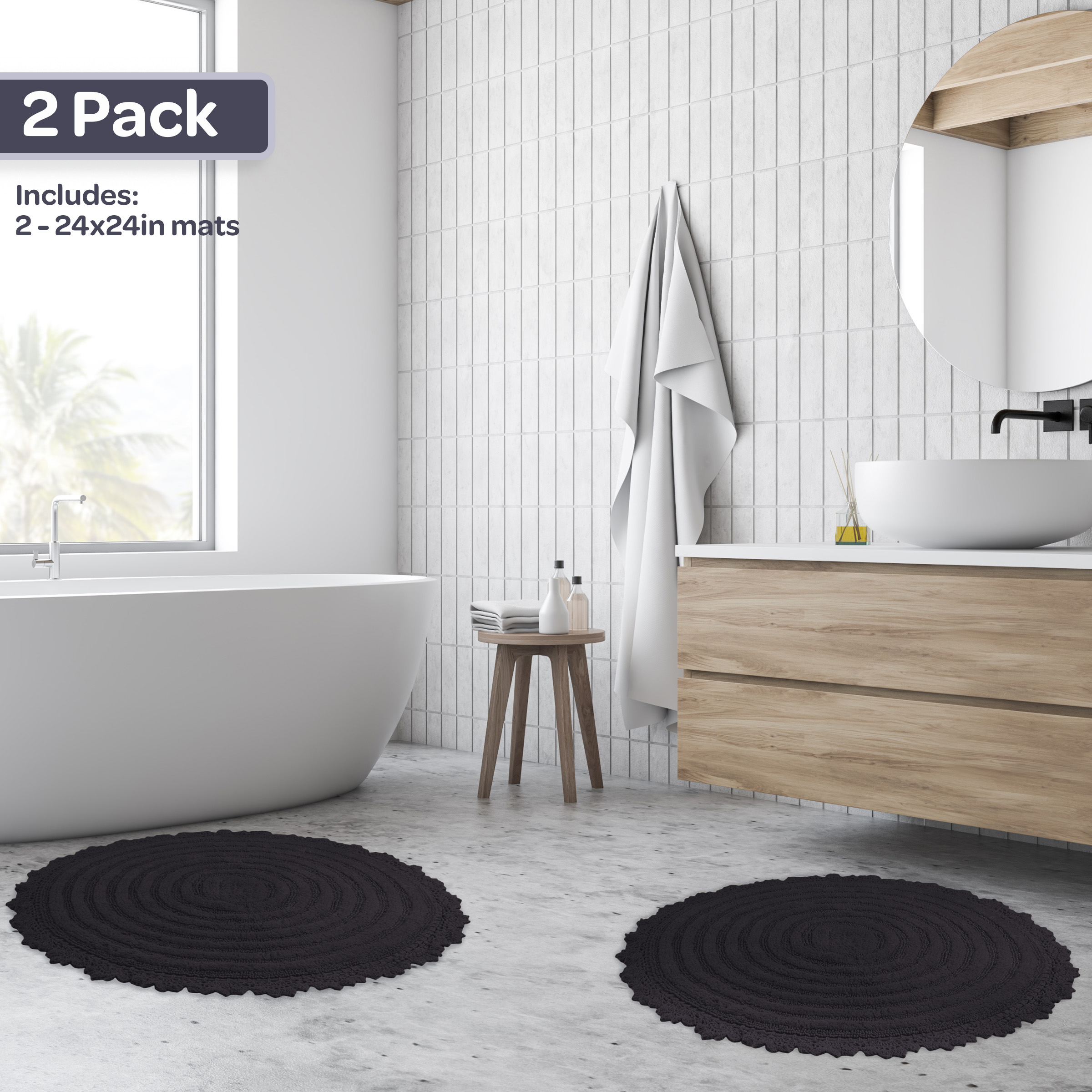 Lavish Home Bathroom Rugs - 2-Piece Woven Cotton Bath Mat Set (Black)