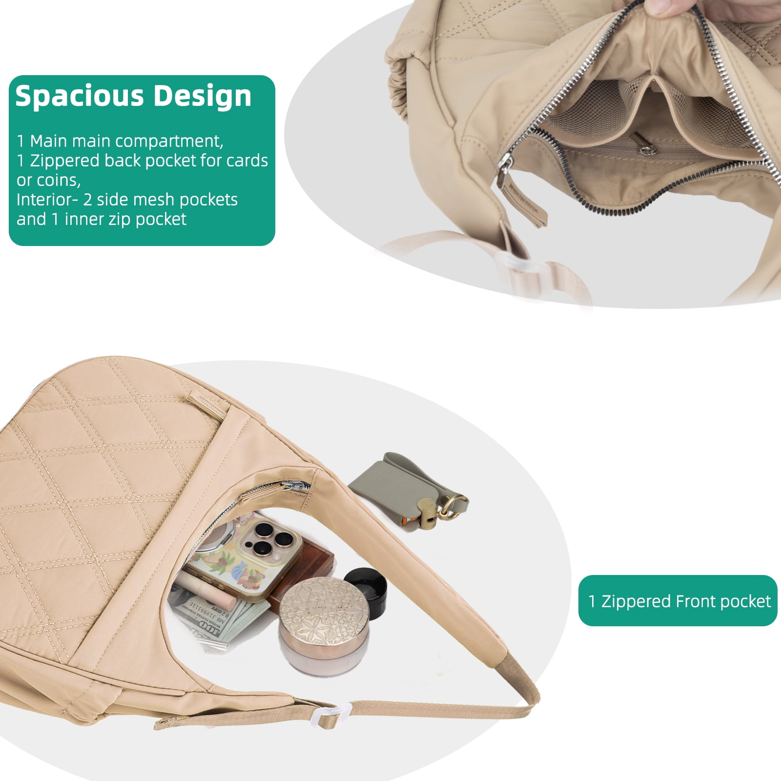 JANKS Small Puffer Crescent Shoulder Bag for Women, Nylon Quilted Puffy Crossbody Purse, Cute Hobo Shoulder Handbags （Khaki)