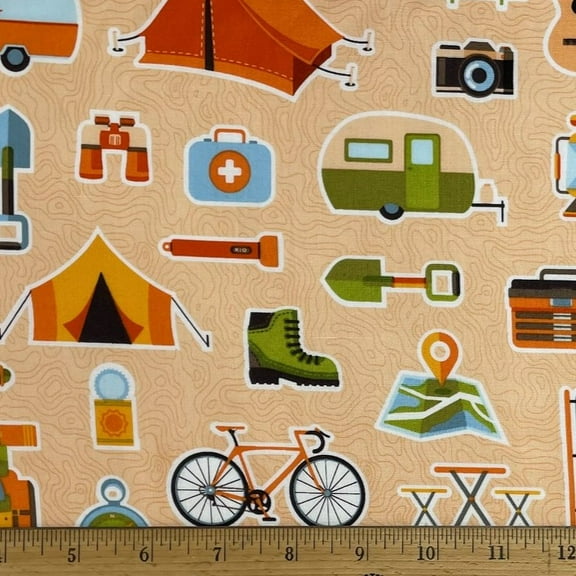 1 Fat Quarter - Camping Fishing Boating on Peach Cotton Fabric - 21" X 18"