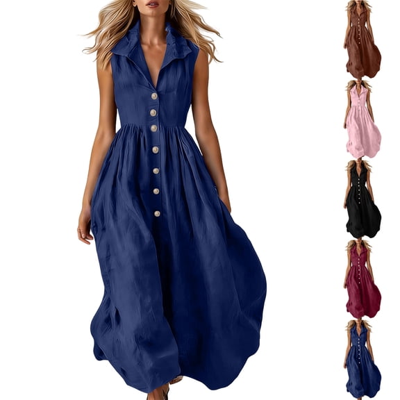 Women's Dresses Ndbuld Ladies' Casual And Fashionable Solid Color Sleeveless Button Up Lapel Dress Brown XL