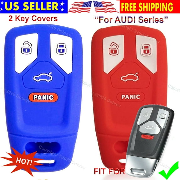 2pcs Dobrev 4 Buttons Silicone Case Protector Key Fob Cover Smart Car Remote Holder for Audi TT A4 A5 S4 S5 Q7 SQ7 2017 2018 with Panic Button (Blue and red)