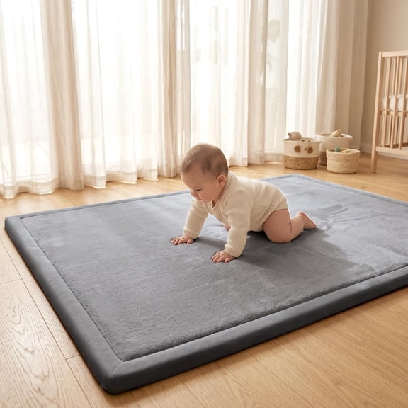 RLESO Baby Play Mat for Floor 1.3" Thick Memory Foam Play Mat 79"×118" Tummy Time Crawling with Non-Slip Bottom for Living Room,Nursery,Soft Velvet Playpen Mats for Kids,Infants（Dark Grey）