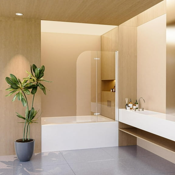 34" W x 58" H Frameless Tub Shower Door, Glass Shower Door with 1/4"(6mm) Thick SGCC Tempered Glass Door, Bifold Shower Tub Door, Reversible Installation, Brushed Gold