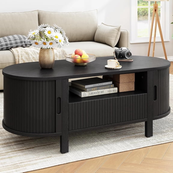 47.2 Inch Oval Coffee Table with Storage, Mid Century Modern Coffee Table with Drawer, Center Table with Sliding Door and Wood Fluted Handle for Living Room, Black