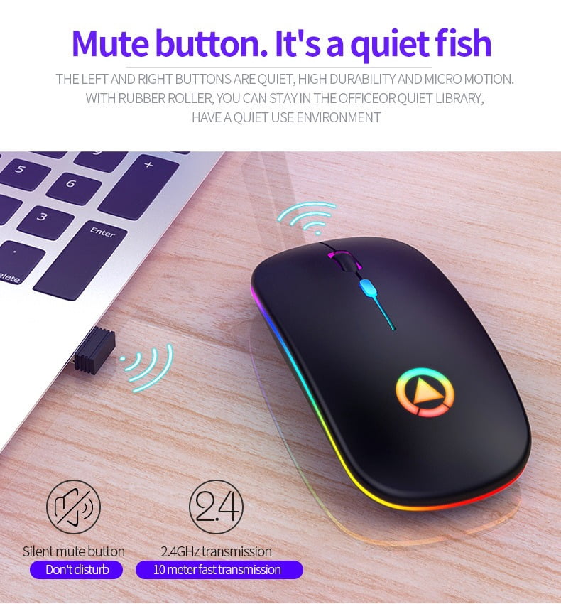 YinDiao A2 Rechargeable Silent Wireless Mouse, Dual Mode Bluetooth & 2.4G, RGB Breathing Light, Ergonomic Quiet Click Mice for Laptop, PC, Computer, Office and Home (Black)