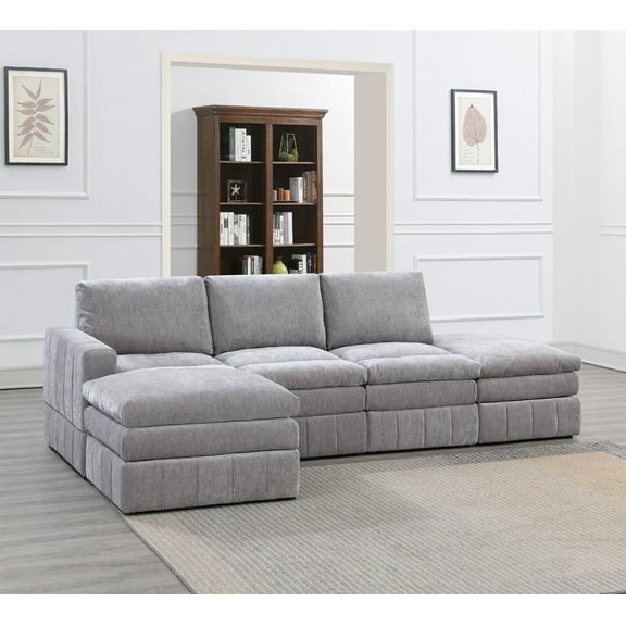 Granite Morgan Fabric Plush Cushion Couch 5pc Modular Sectional Set 1x Corner Wedge 2x Armless Chairs 2x Ottomans Living Room