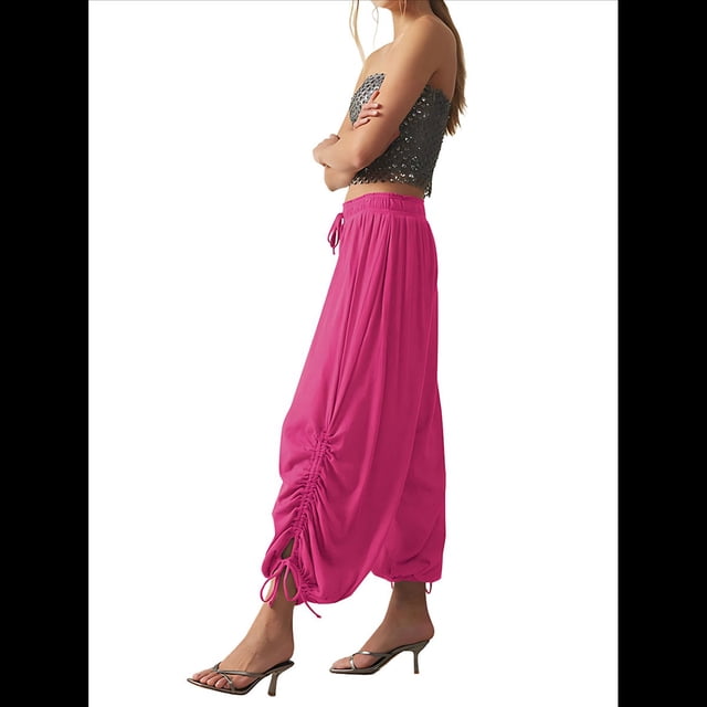 Pantalones Harén para Mujer, Pantalones de Estar por Casa con Dos Bolsillos Rosa Roja M