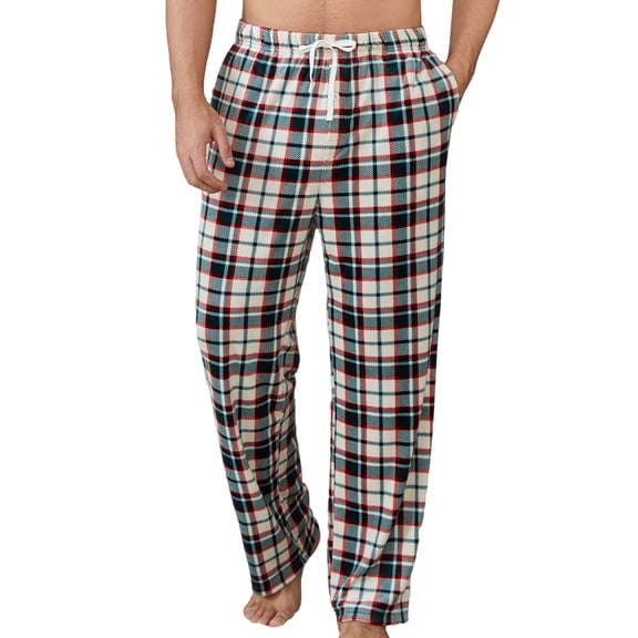 Vulcanodon Mens Fleece Pajama Pants, Ultra Soft Plaid Lounge Pants with Pockets Button Fly Sleep Bottoms(GREEN WHITE PLAID, S)