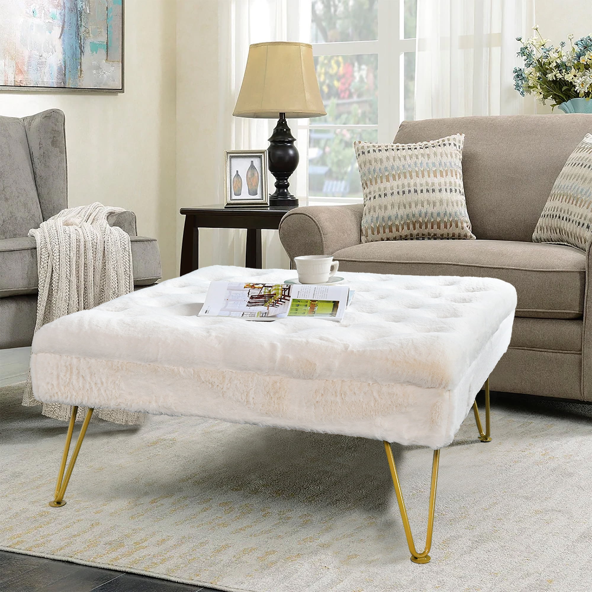 Home Soft Things Rabbit Faux Fur Coffee Table Ottoman Egret 33" x