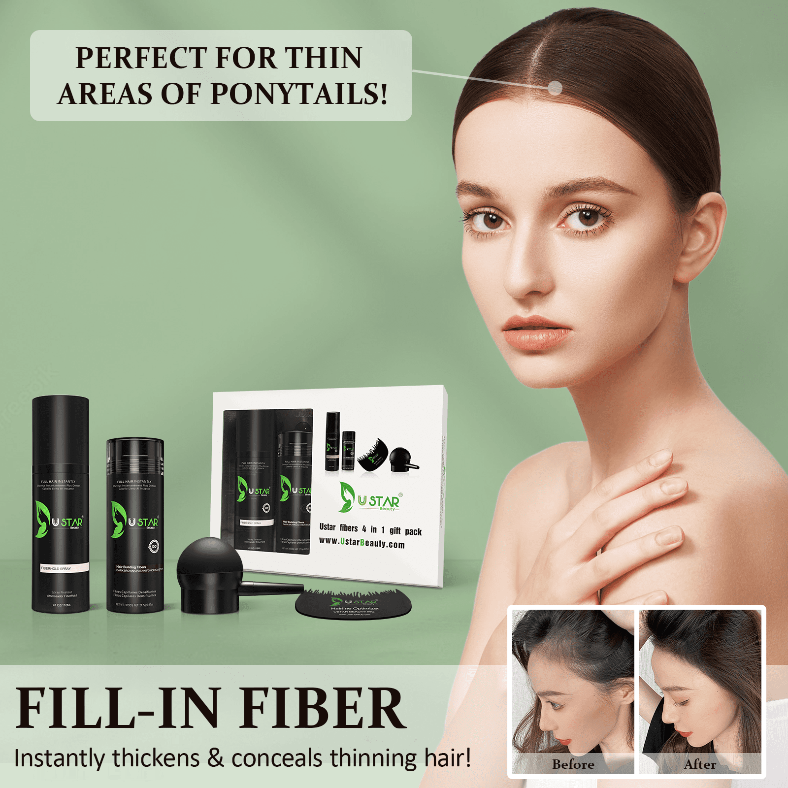 USTAR 5 in 1 Hair Building Fibers Set, Hair Fibers for Thinning Hair and Hair Fiber Spray, Natural Hair Filler Instantly Conceals Hair Loss, Hair Powder for Women & Men 27.5g (Gray)
