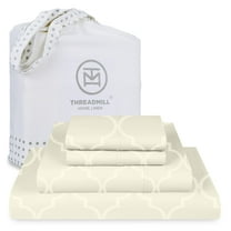 Threadmill 100% Cotton Sheets for King Size Bed | 4 Pc King Bed Sheets Set | Soft, Breathable Lightweight Damask Sateen for All-Season Use | Snug Fit Elastic Deep Pocket King Sheets | Ivory