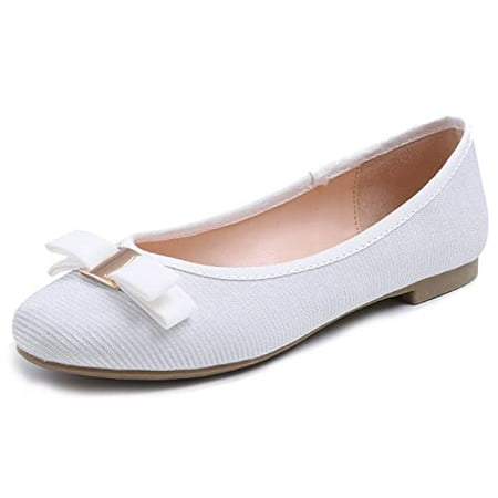 

Feversole Women s Round Toe Cute Bow Trim Ballet Flats White LurexSize 8.5 M US