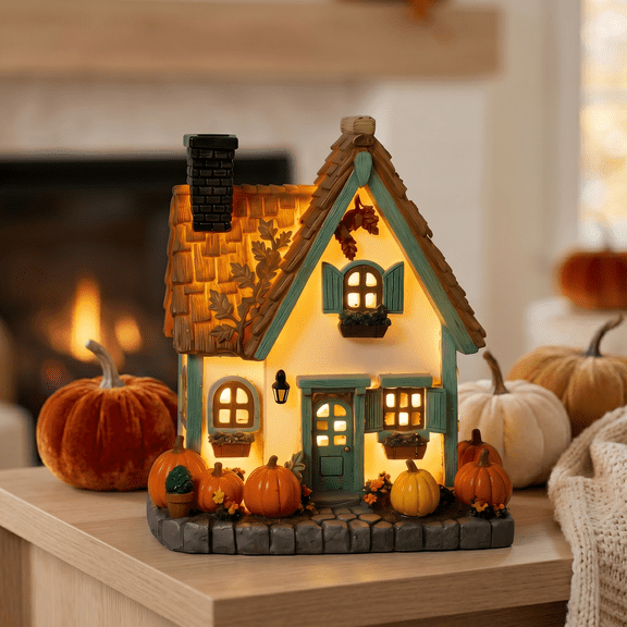 Yashow Orange Resin Halloween Pumpkin Cottage Ambient Light American Country Harvest Miniature House Decoration for Autumn Home Table Centerpiece, 7.09inch, 1-Pack
