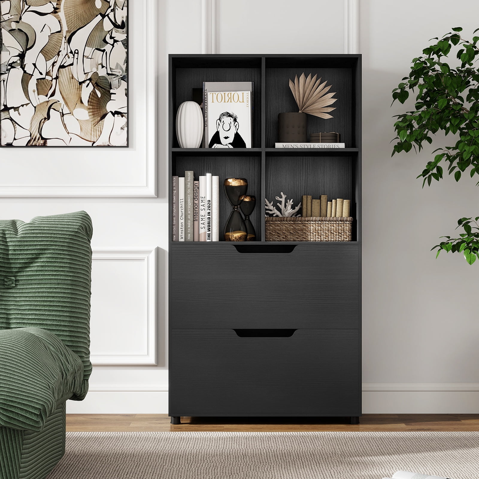 Costway 2PCS 51” 5-Tier 4-Cube Bookcase with 2 Drawers for Living Room, Study, Home Office Black