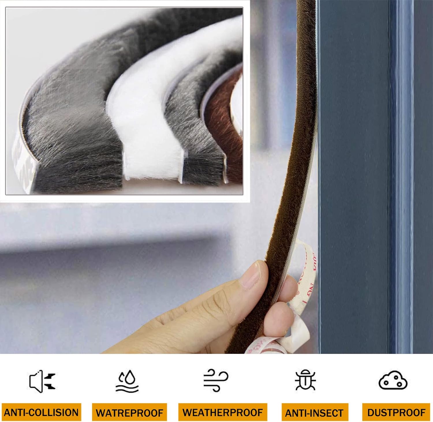 FRKSMD-Weather Stripping 0.35" Width x 0.2" Thick x 16.4 ft Length with Adhesive Backing, Felt Pile Brush Weather Stripping for Window Door Seal Strip, Brown