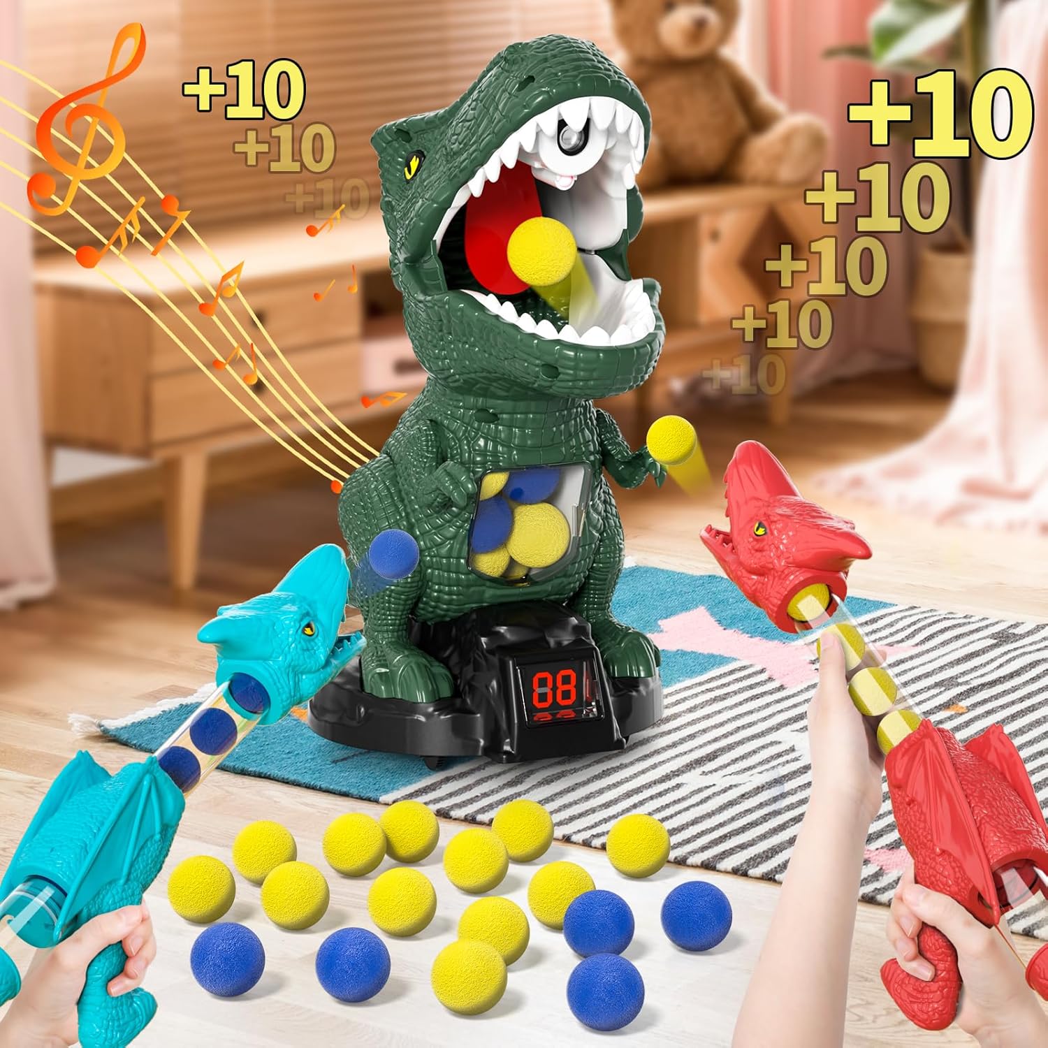 Dinosaur Shooting Game for Kids – 2 Air Pump Launchers, Electronic Target with LCD Score, Lights & Sounds, 24 Foam Balls, Gift for Boys Ages 3-5