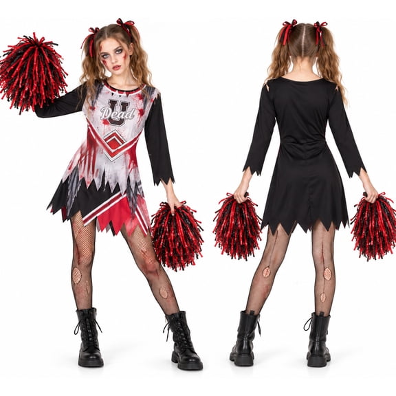 Zombie Cheerleader Costume for Teen and Women, Scary Halloween Fancy Dress Up with PomPoms Onesize