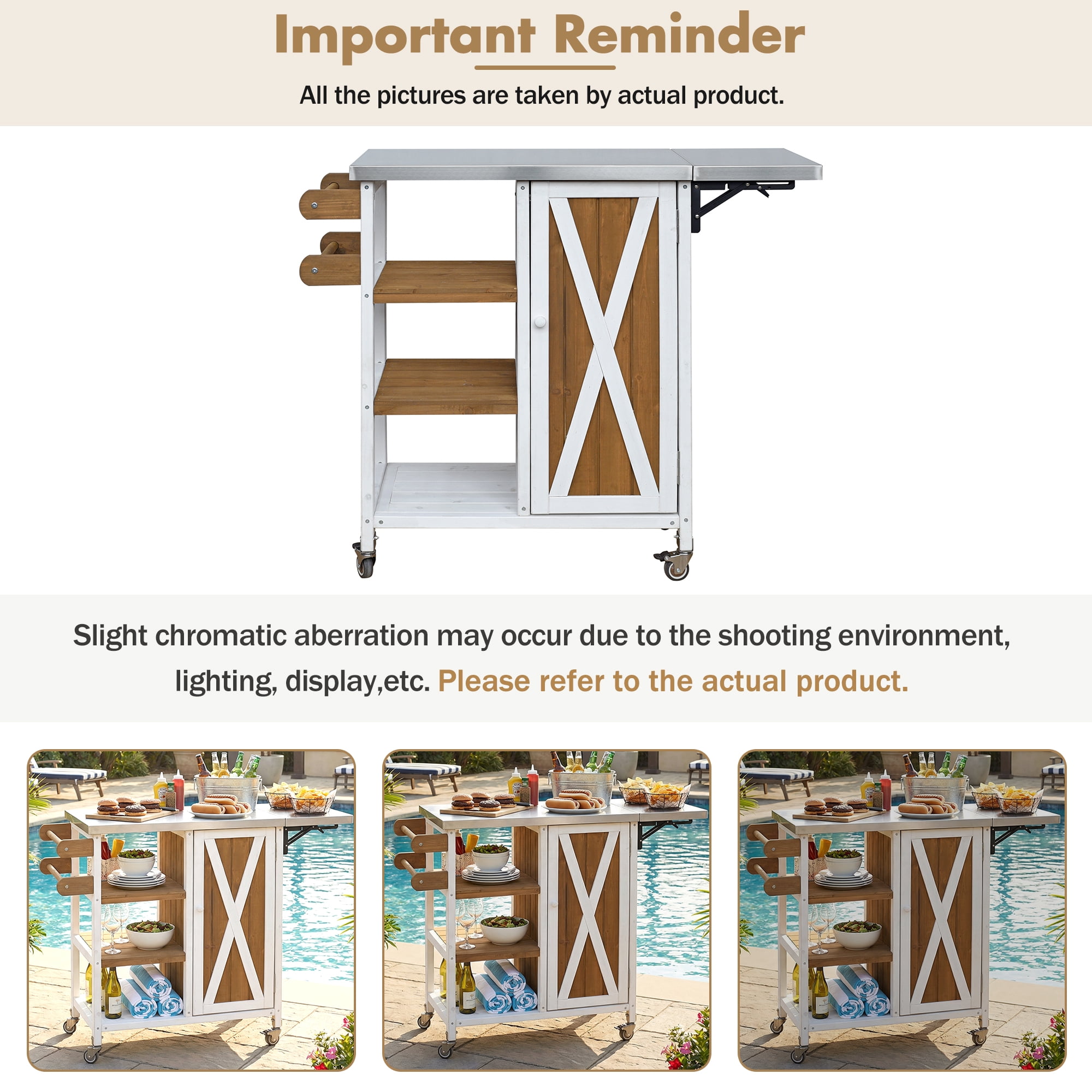 Portable Outdoor Kitchen Island, Foldable Patio Prep Station for Outdoor Use, White and Brown