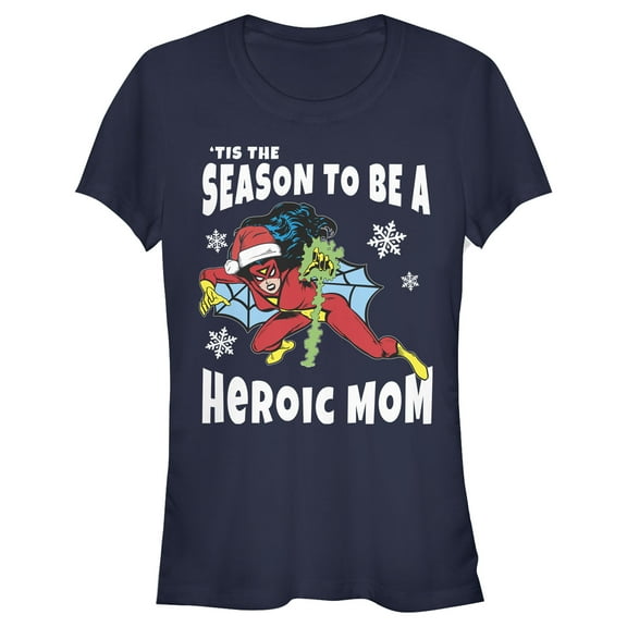Junior's Marvel Christmas Spider-Woman Heroic Mom  Graphic Tee Navy Blue Medium